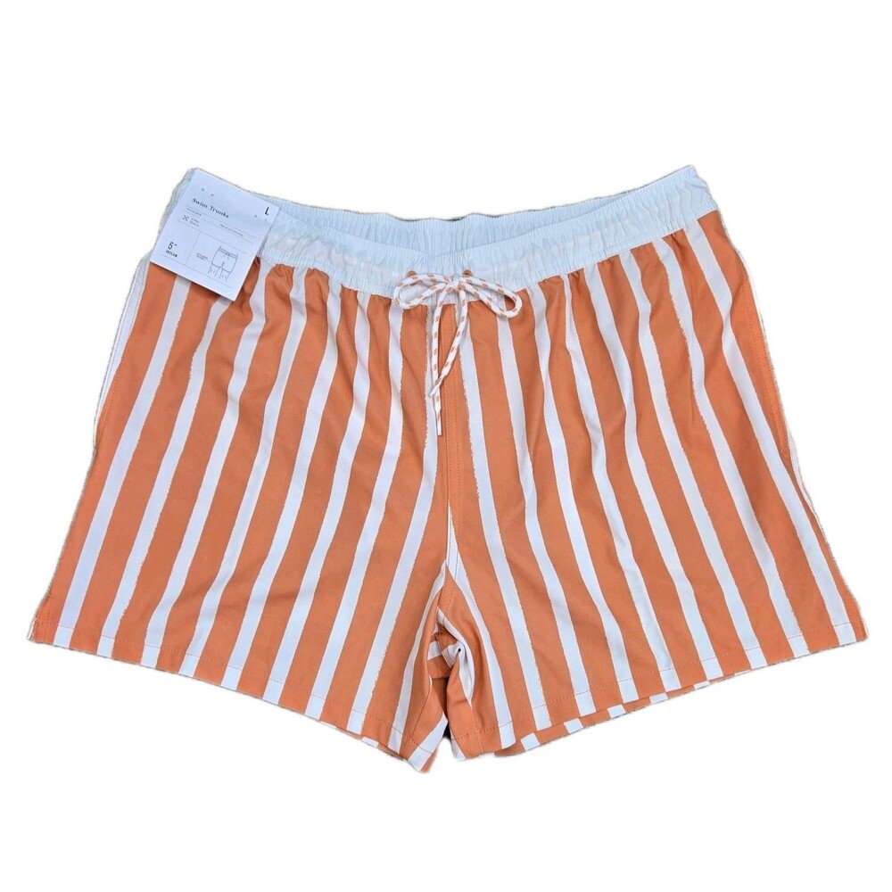 Men’s 5” Swim Trunks Orange White Striped Summer Beach Shorts Large NWT